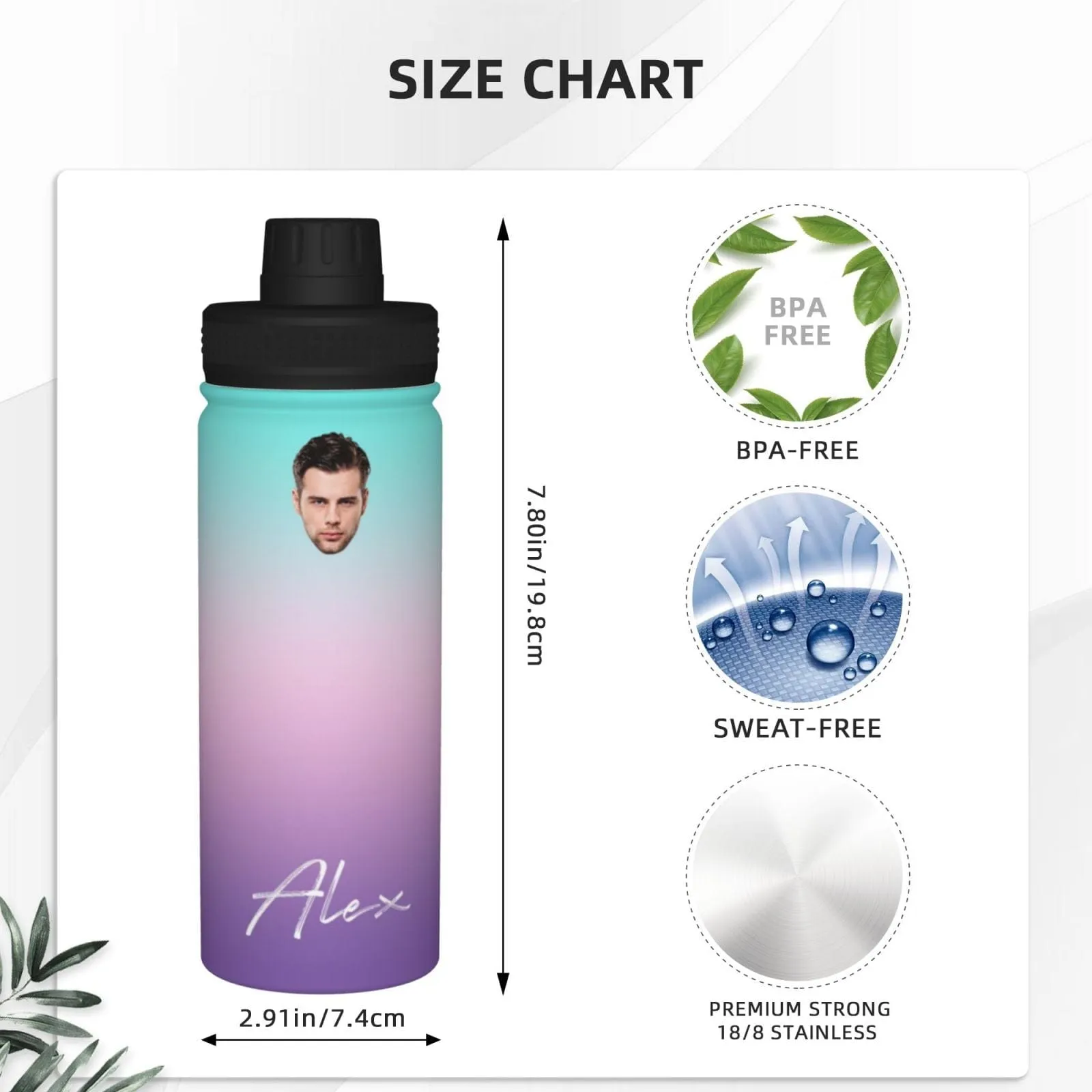 18OZ Custom Face&Name Gradient Sports Insulated Kettle Stainless Steel Water Bottle Personalized Photo Tumbler Sports Gifts