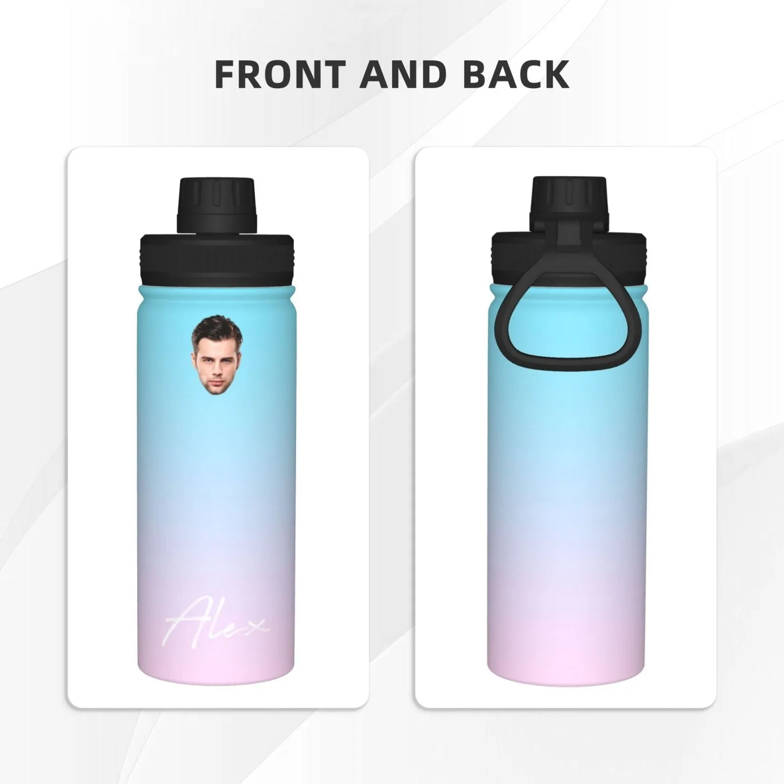 18OZ Custom Face&Name Gradient Sports Insulated Kettle Stainless Steel Water Bottle Personalized Photo Tumbler Sports Gifts