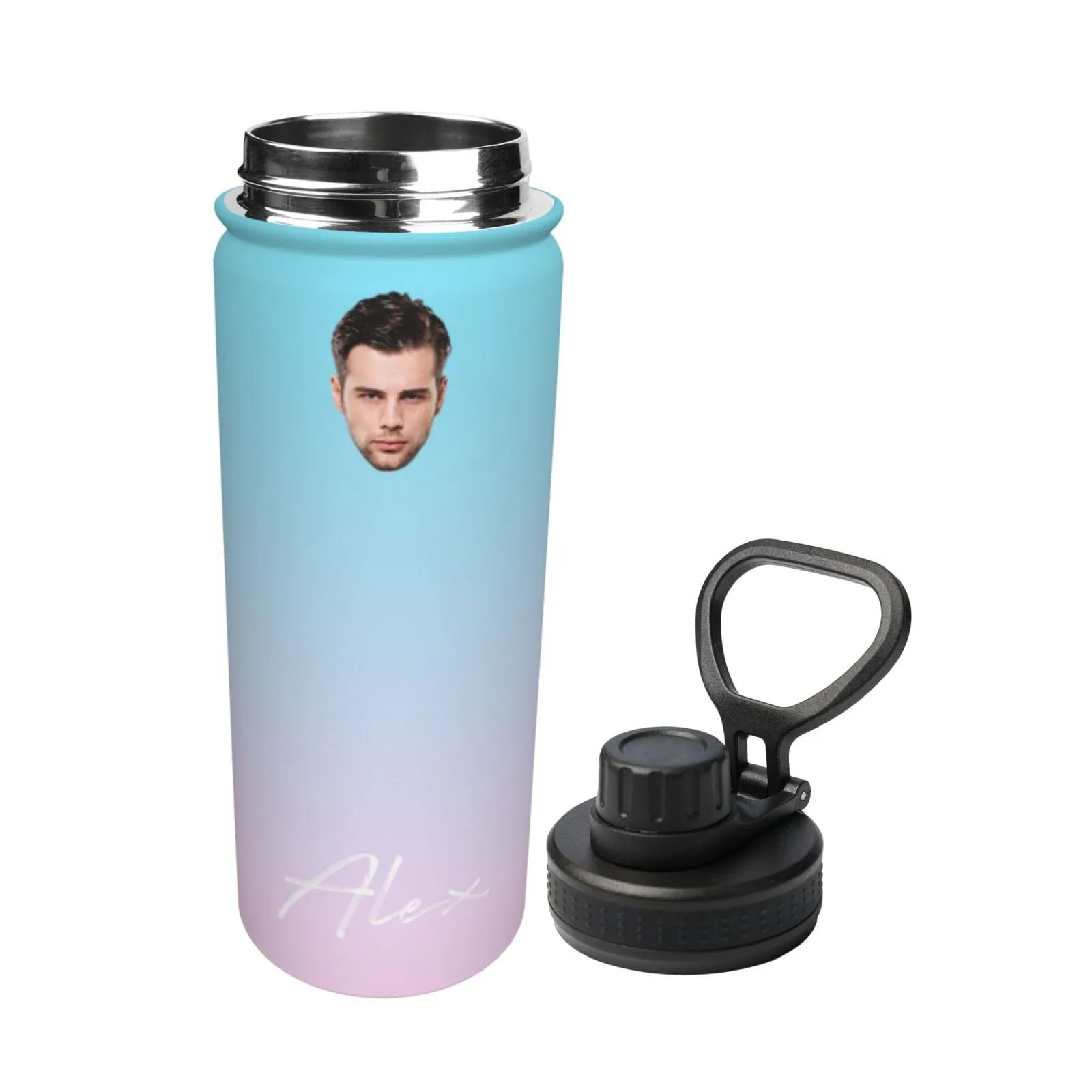 18OZ Custom Face&Name Gradient Sports Insulated Kettle Stainless Steel Water Bottle Personalized Photo Tumbler Sports Gifts