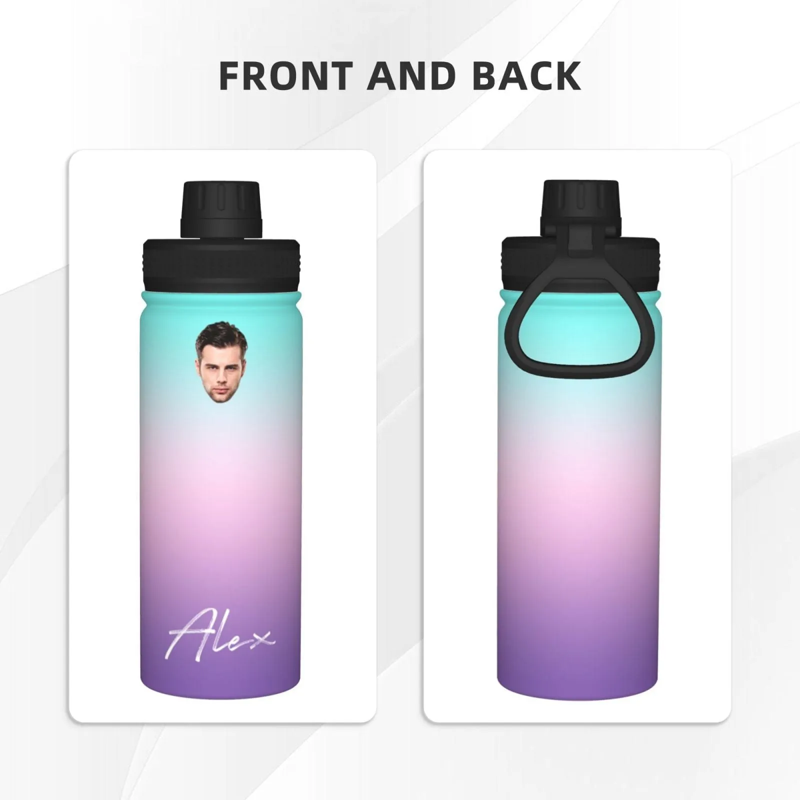 18OZ Custom Face&Name Gradient Sports Insulated Kettle Stainless Steel Water Bottle Personalized Photo Tumbler Sports Gifts