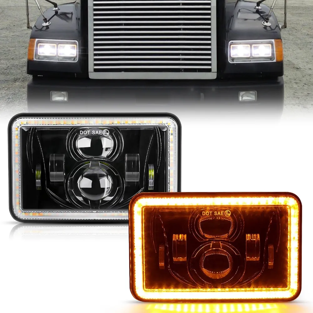 4x6 LED Headlights Hi/Lo Sealed Beam w/DRL&Turn Signal Light DOT Approved Compatible with Peterbil Kenworth Freightline