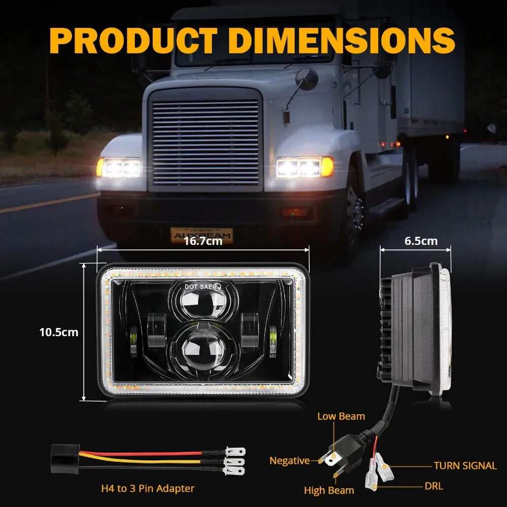 4x6 LED Headlights Hi/Lo Sealed Beam w/DRL&Turn Signal Light DOT Approved Compatible with Peterbil Kenworth Freightline