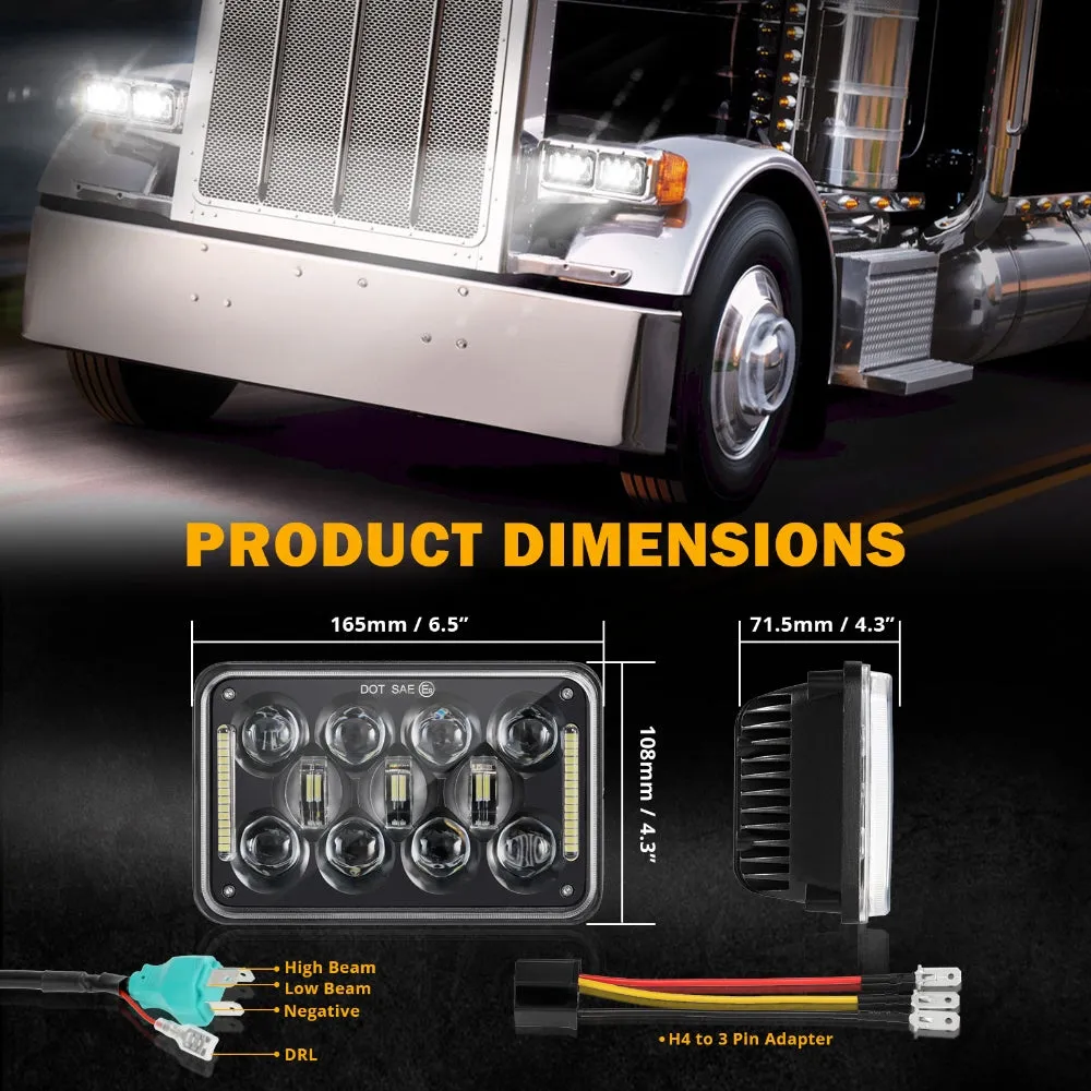 4x6 LED Headlights Rectangular Headlamps with DRL High Low Beam DOT Approved Compatible with Peterbil Kenworth Freightliner Ford Trucks